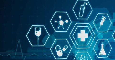 blue medical and pharmaceutical icons on blue background